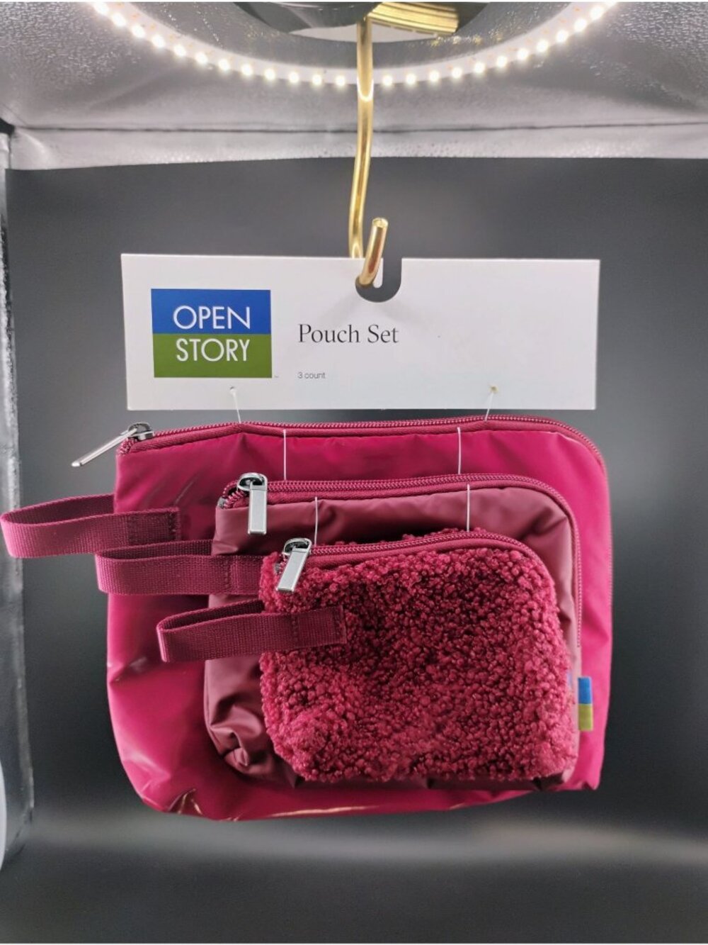 Open Story 3-Piece Pouch Set Magenta Nylon & Textured Materials